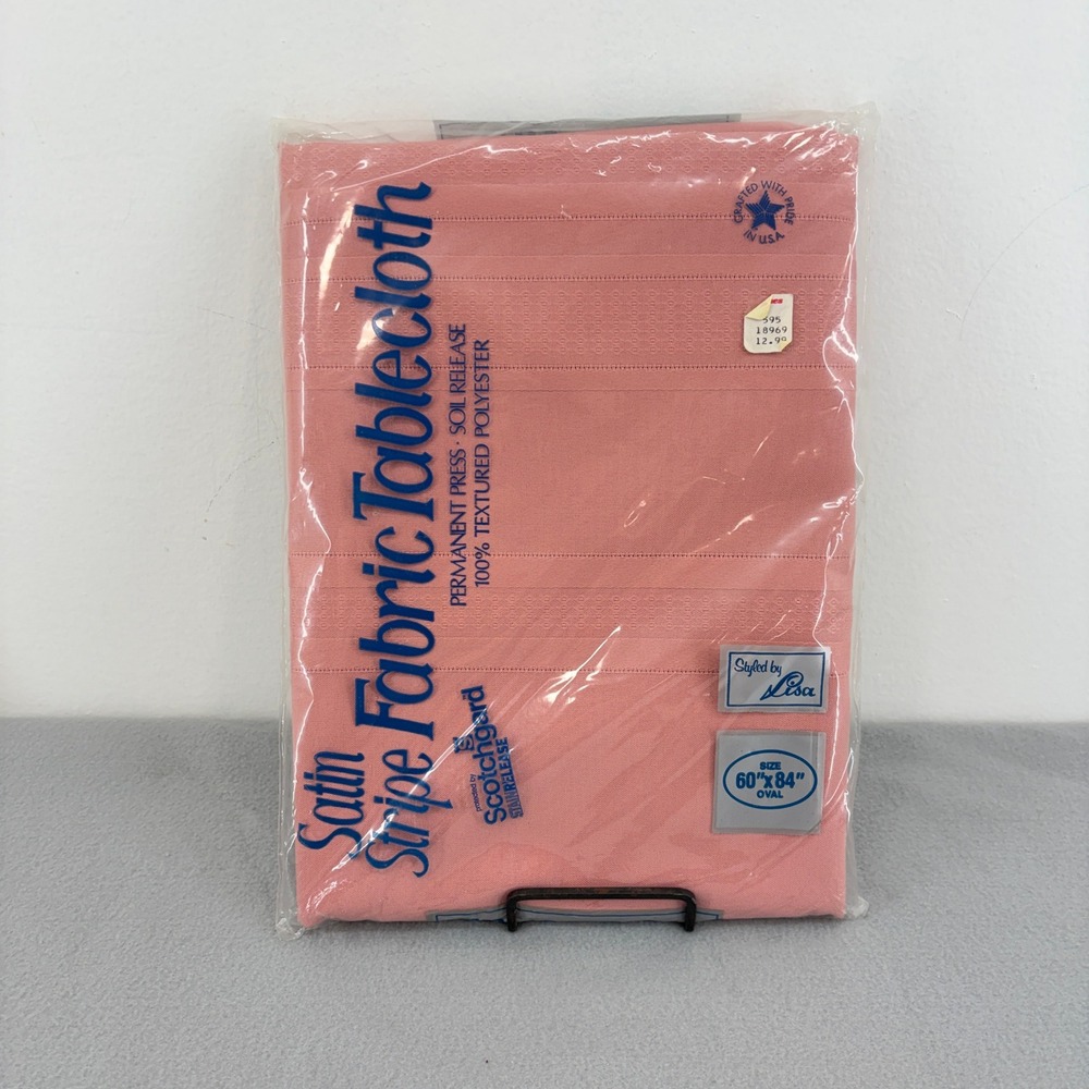 Vintage Elrene Satin Stripe Tablecloth 60x84 Oval Rose Pink Made USA NOS Cottage